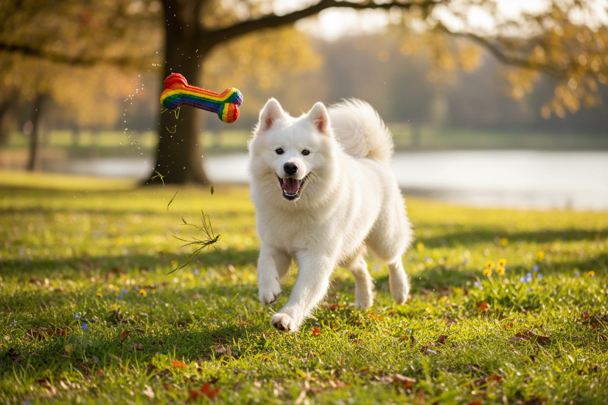 cane (non golden retriver) che gioca felice con un osso di gomma
