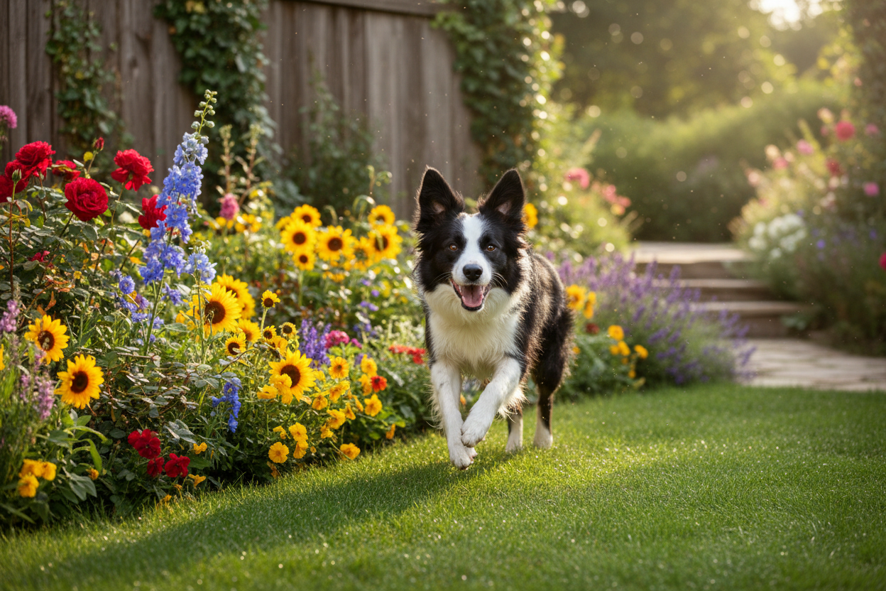 un border collie che gioca felice in giardino